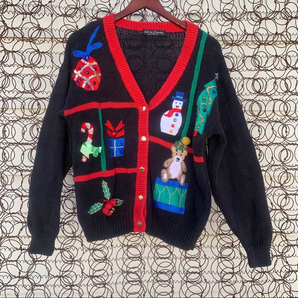 Vintage knit ugly Christmas cardigan sweater sampler applique bell present tree